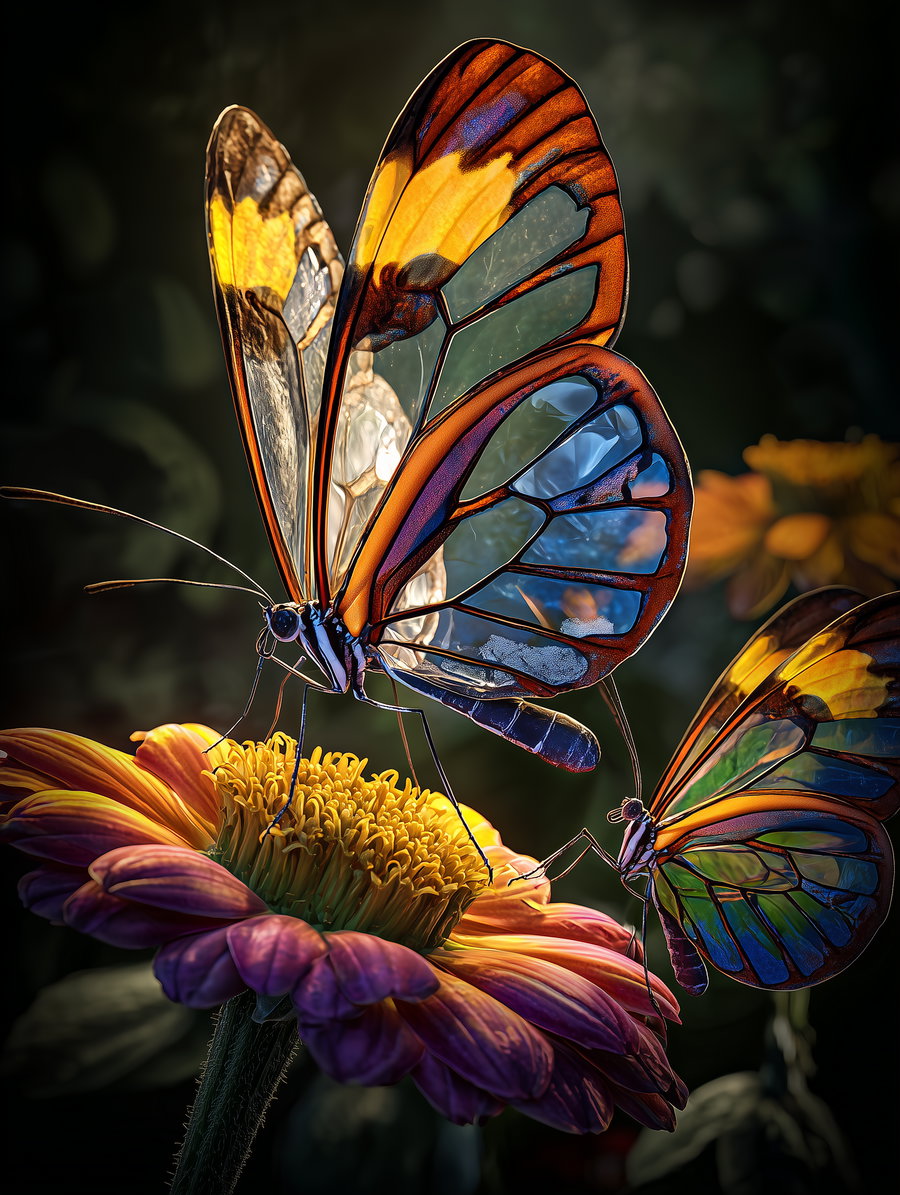 Two transparent glasswing butterflies with orange, black, and blue wing edges perched on vibrant yellow and purple flowers against a dark blurred background