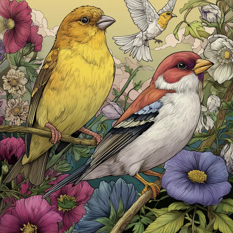 Detailed illustration of colorful birds perched on floral branches with a soft sky background