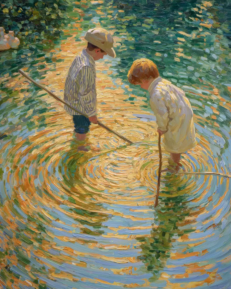 Impressionist style painting of two children playing with sticks in shallow water