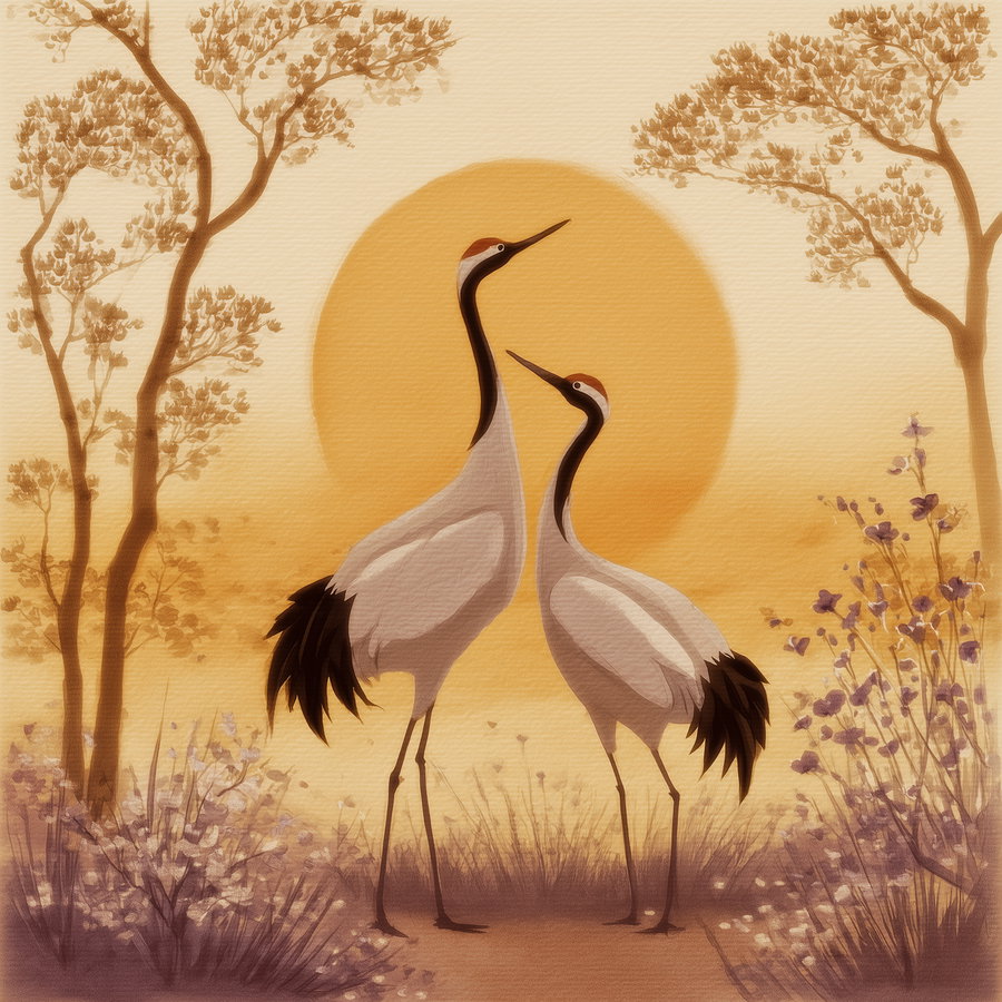 Two cranes standing amid soft flowers and tree silhouettes with a large orange sun in the background