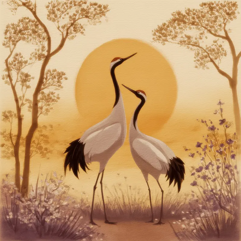 Elegant Pair of Cranes Against a Warm Sunlit Background