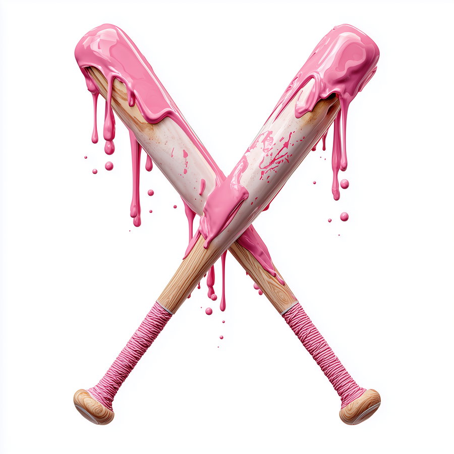 Two wooden baseball bats crossed against a white background with vibrant pink paint dripping from the top and splattered on the bats.