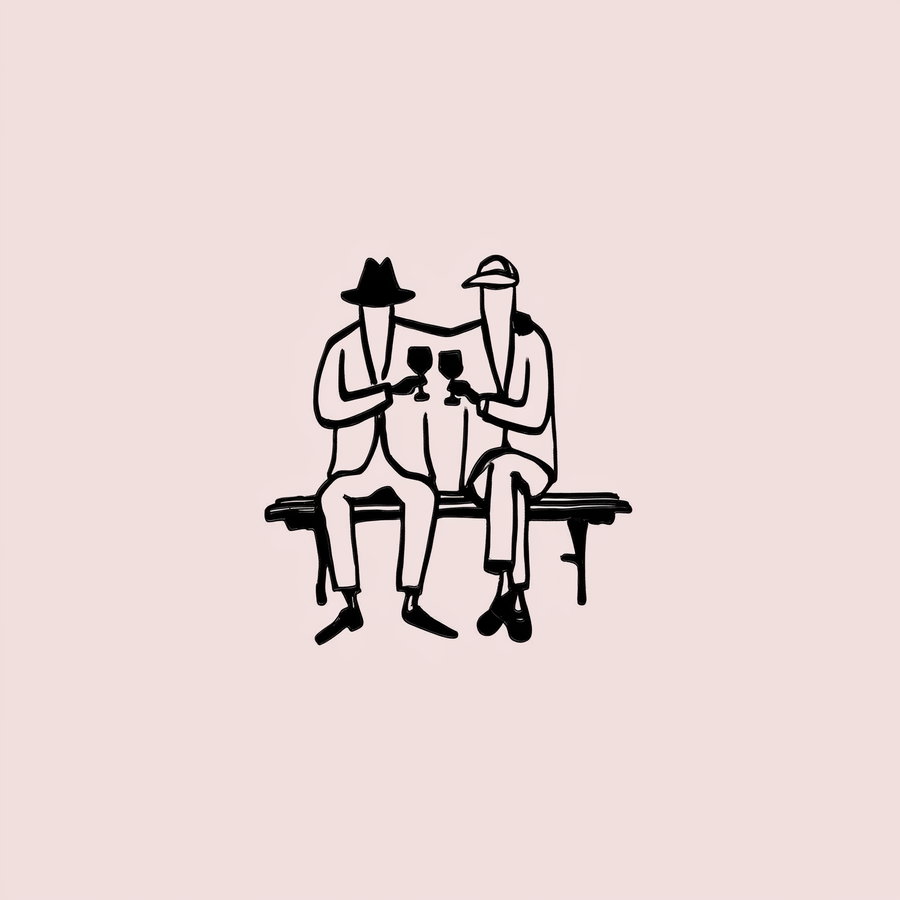 Simple black line drawing of two faceless figures sitting on a bench, one wearing a hat, holding wine glasses and toasting on a light pink background