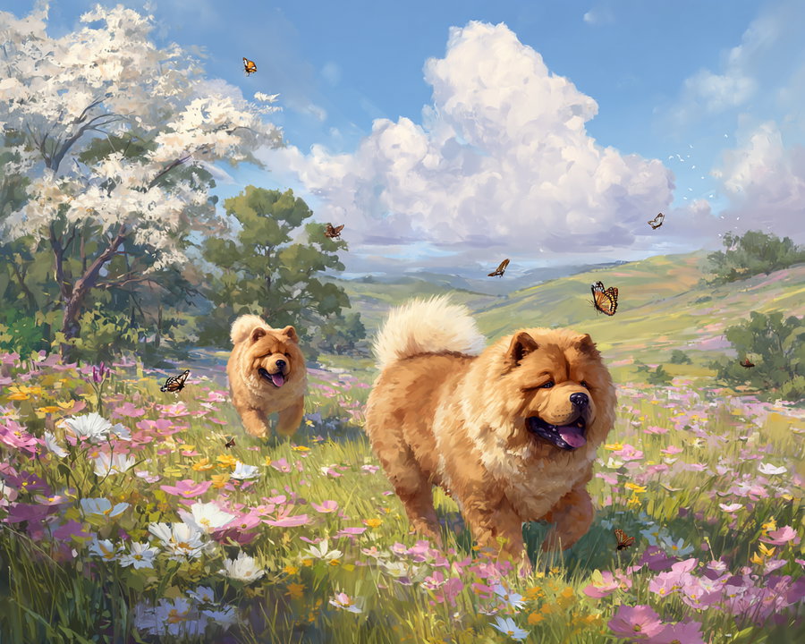 Two fluffy dogs running through a colorful meadow filled with various flowers, butterflies fluttering around, under a bright blue sky with large white clouds