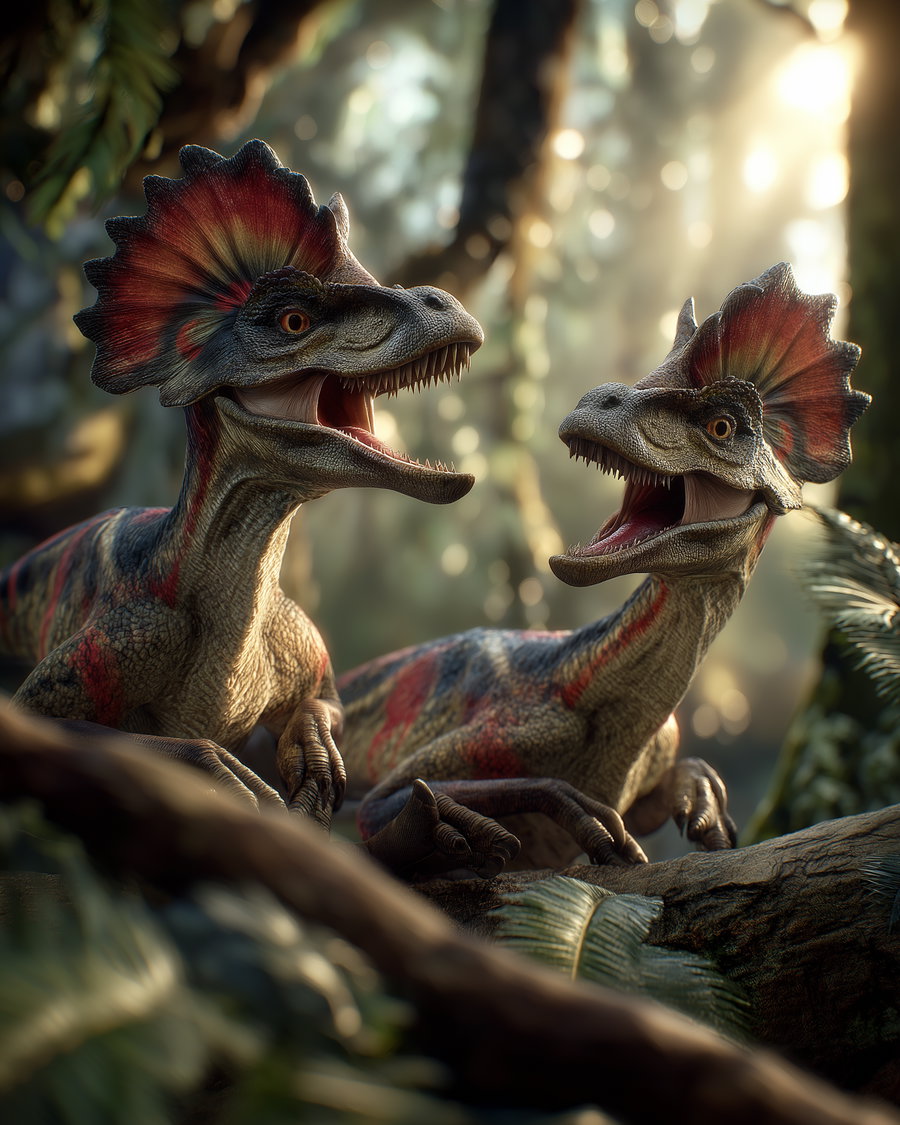 Two feathered dinosaurs with colorful crests resting on a tree branch in a dense forest with sun rays filtering through the foliage