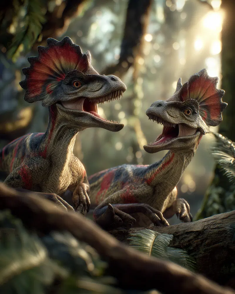 Realistic depiction of two feathered dinosaurs in a lush prehistoric forest
