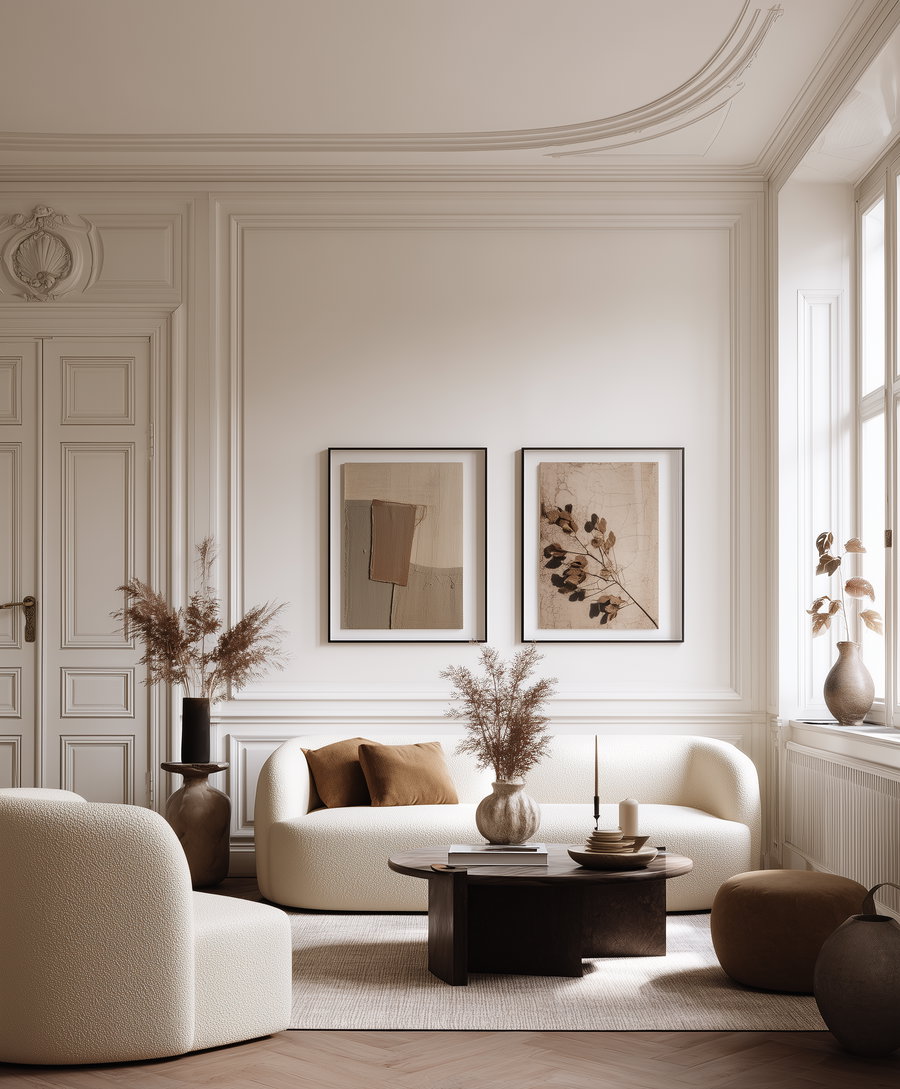 Living room with white textured sofa and armchair, two abstract and botanical framed prints on wall, round dark wood coffee table with candles, and neutral decor accents including dried plants and vases