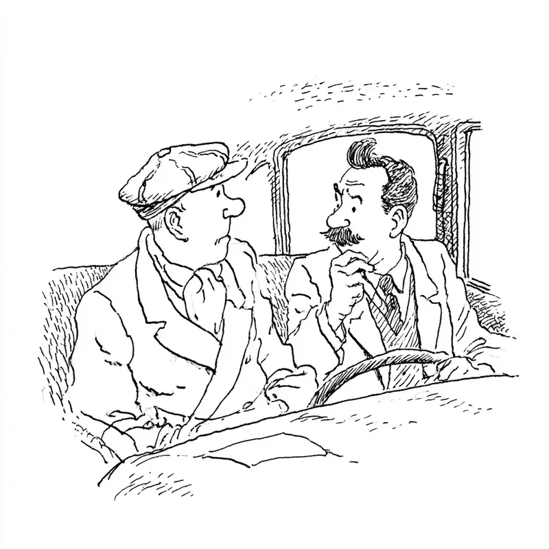 Black and white line drawing of two men seated in a car, one driving