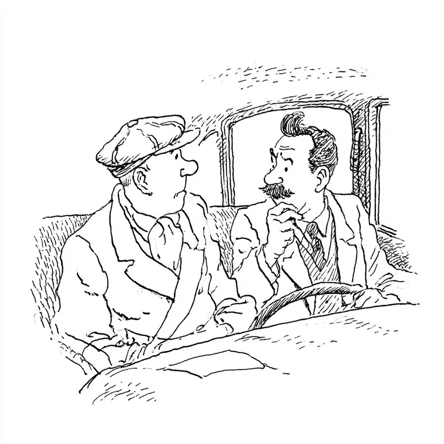 Black and white sketch of two men inside a car, one wearing a cap and the other with a mustache and suit, driving and conversing