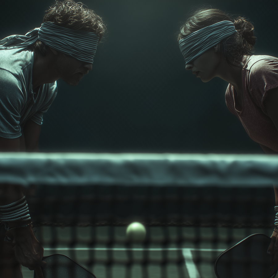Two individuals with blindfolds and tied hands facing each other over a ping pong table with a ball in the center
