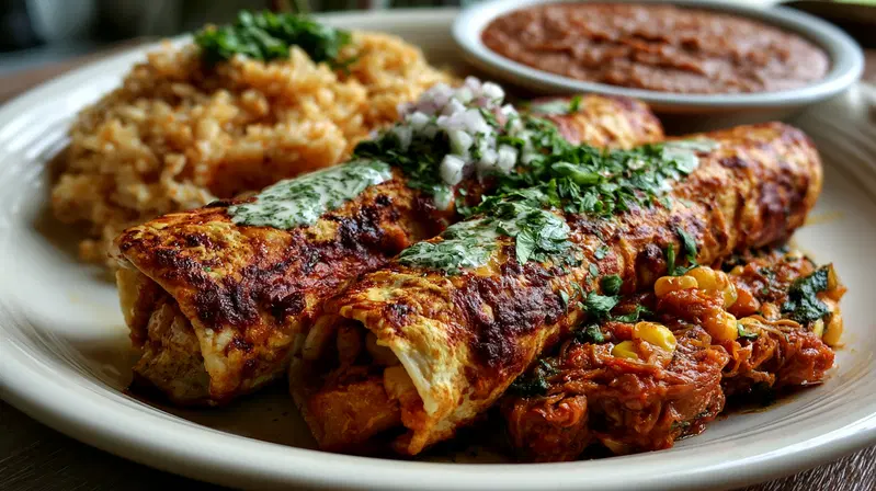 Close up of delicious enchiladas served with rice and beans on a plate