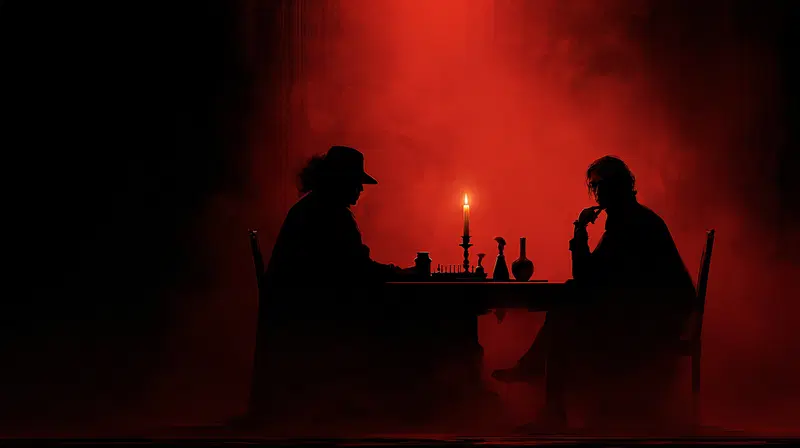 Silhouetted figures playing chess in moody lighting with candlelight