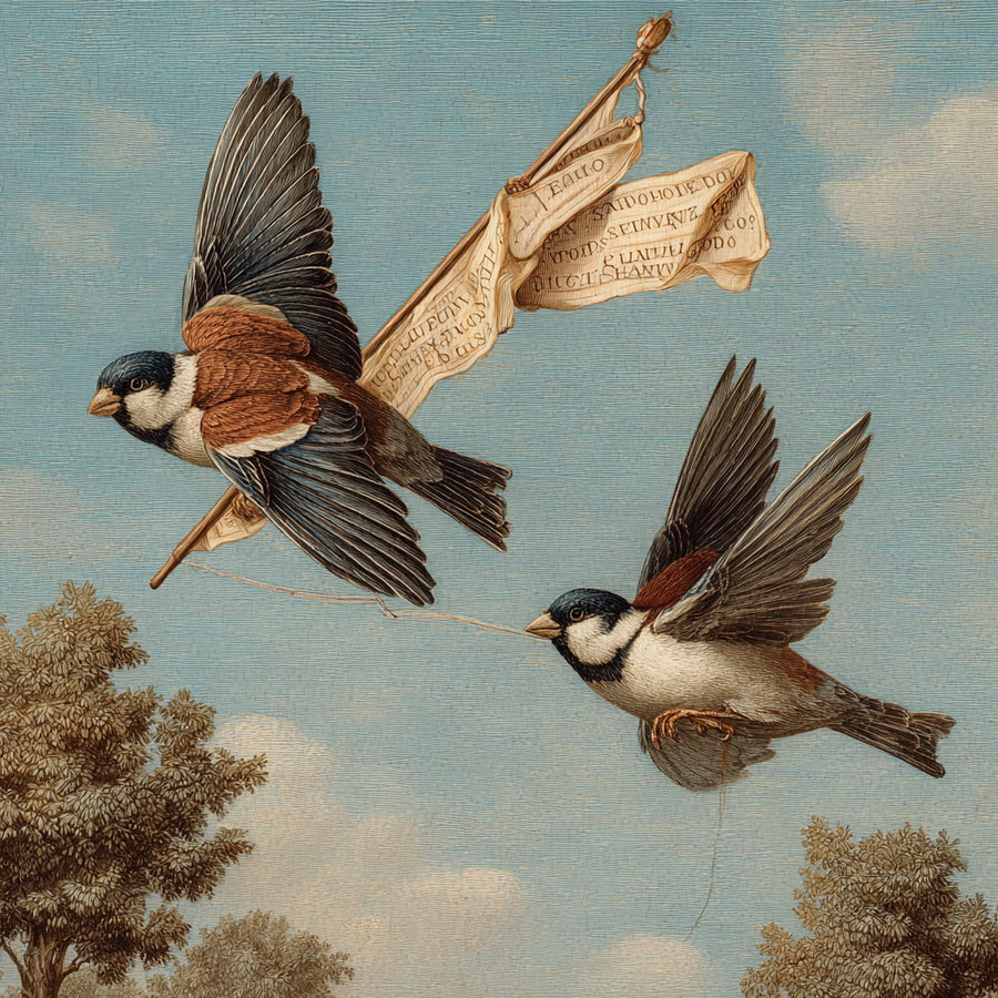Two birds in flight, one holding a pole with a ribbon-like flag, set against a blue sky with clouds and tree tops