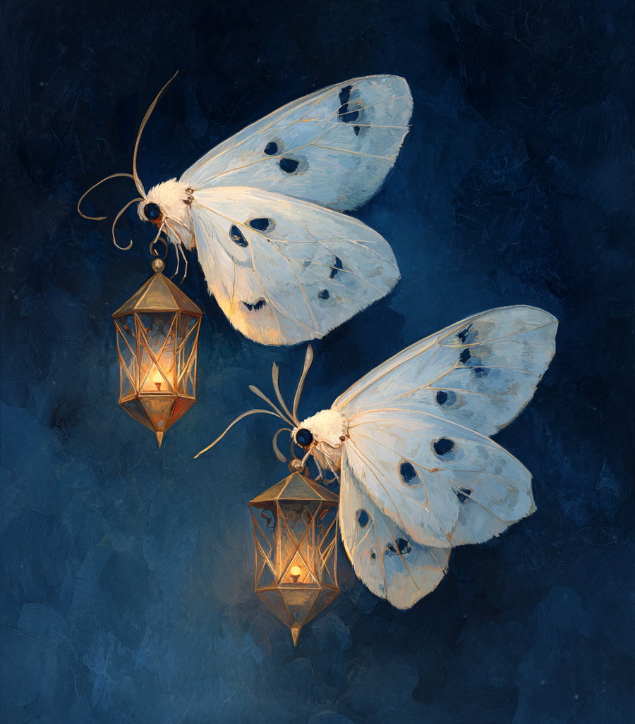 Two white moths with spotted wings holding small lit lanterns flying against a textured dark blue background