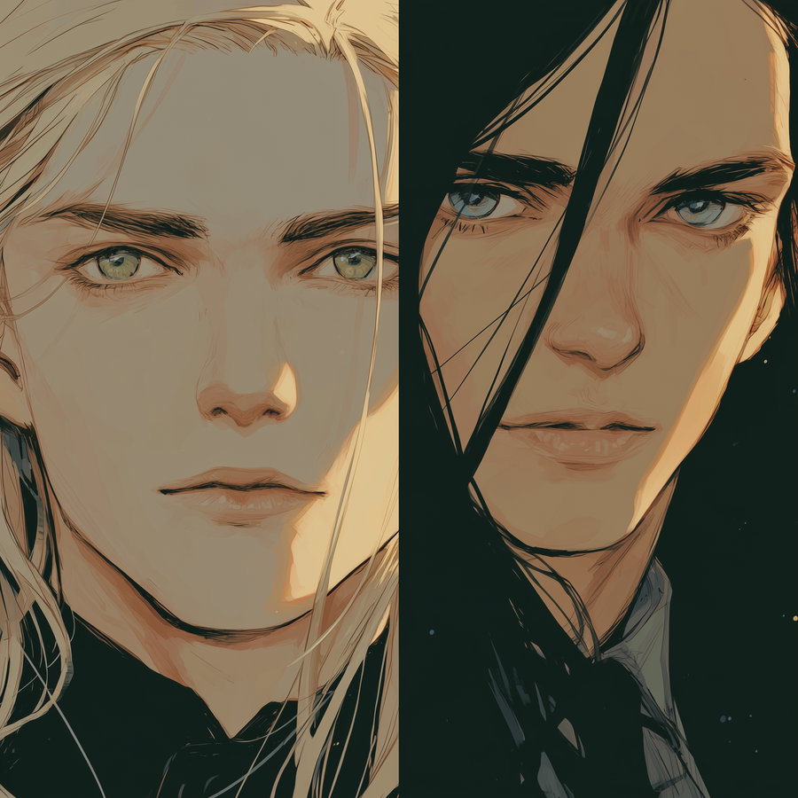 Two digital painted portraits side by side; one character has long blond hair and green eyes, the other has long black hair and blue eyes, both with serious expressions