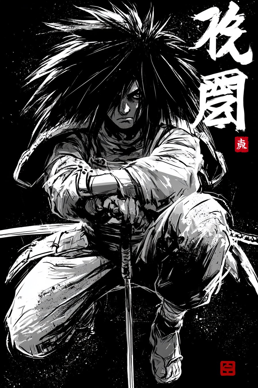 Black and white ink style samurai warrior with wild hair, crouched holding a sword, with Japanese characters in the background