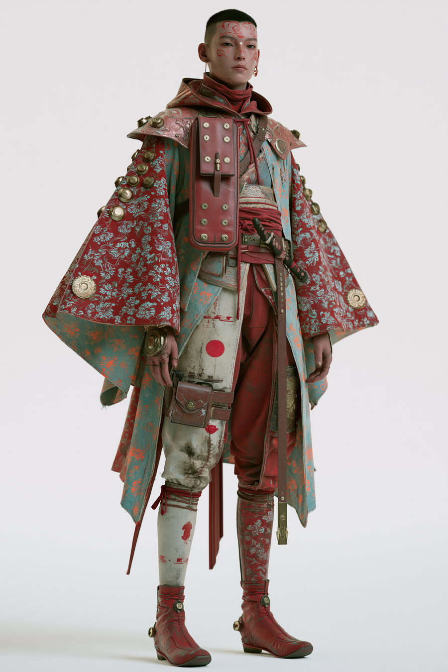 Person wearing a detailed outfit blending red and turquoise fabrics with floral patterns, ornate metallic decorations, and accessories including boots, belt, and face paint.