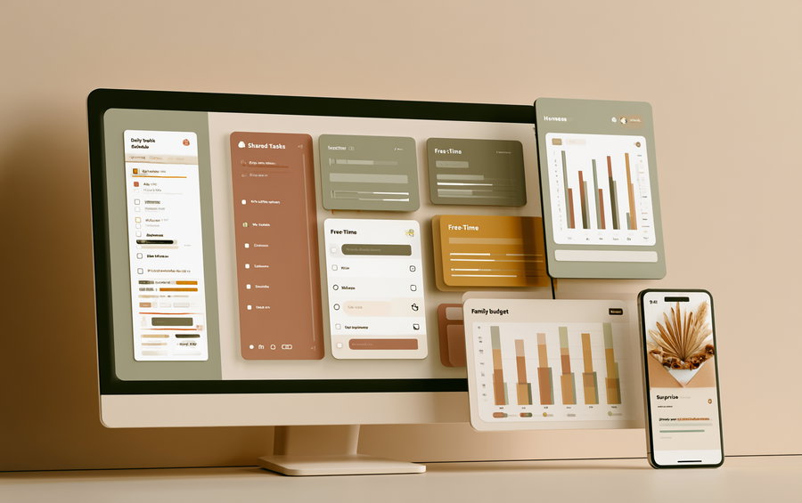 A computer monitor and a smartphone display multiple dashboard interfaces with charts, task lists, and graphs in muted beige and brown tones