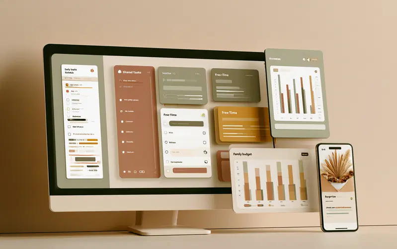 Muted color themed digital productivity dashboards and mobile interface