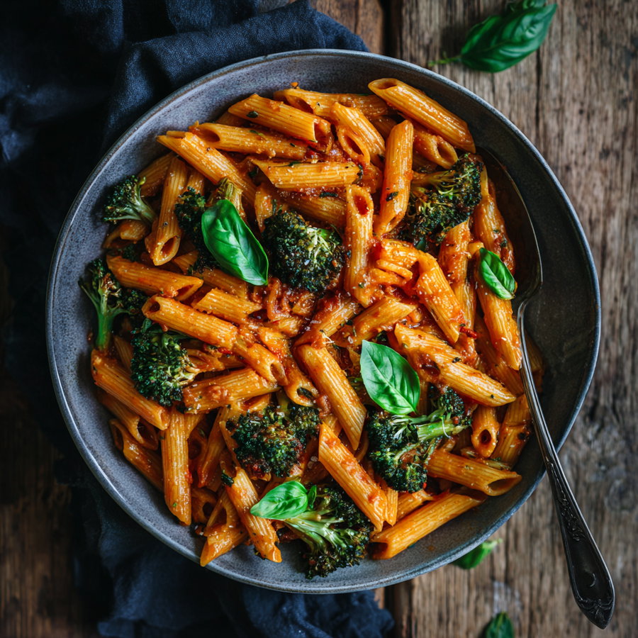 A bowl filled with penne pasta mixed with broccoli florets and garnished with fresh basil leaves on a wooden surface with a spoon inside the bowl