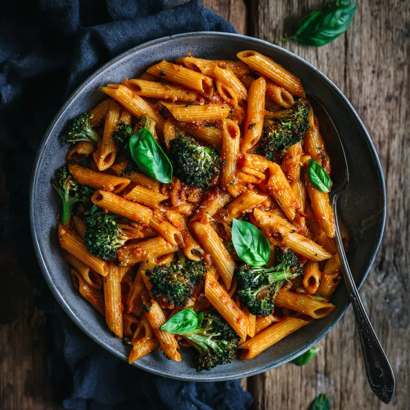 Close-up of cooked penne pasta with broccoli and basil in a bowl