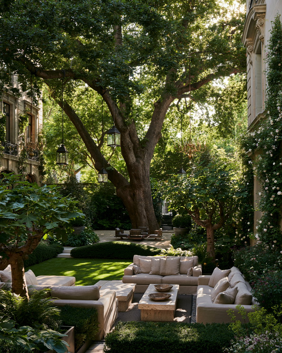 Outdoor garden seating area featuring beige cushioned sofas arranged around stone tables, large trees overhead with hanging lanterns and a chandelier, surrounded by lush green plants and classic architectural elements