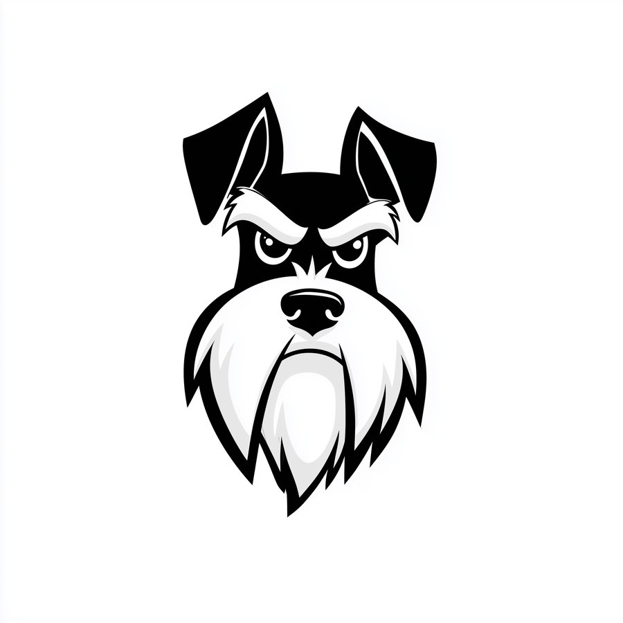 A graphic, black and white illustration of a dog's head with an angry expression and prominent eyebrows
