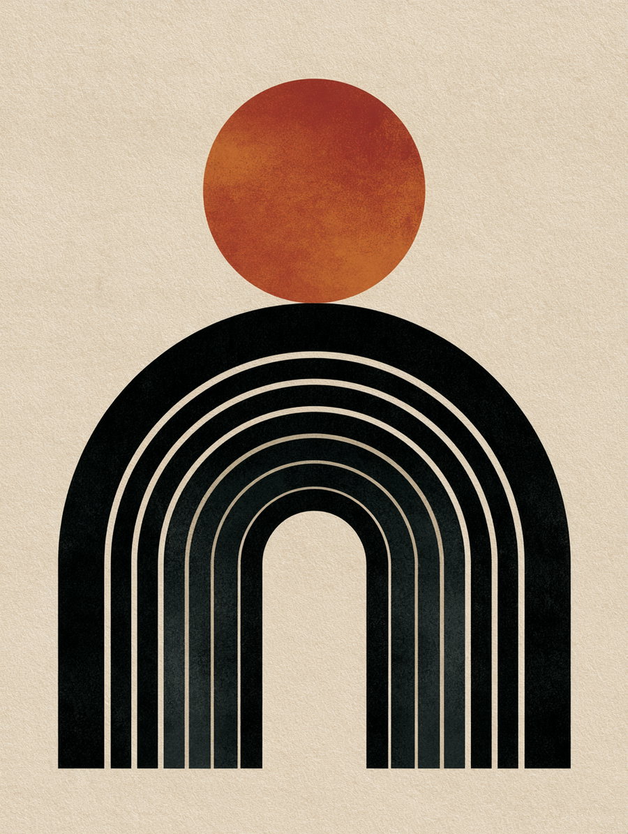 Abstract minimalist art featuring a black arched shape with concentric lines and a large reddish-orange circle above it on a beige textured background