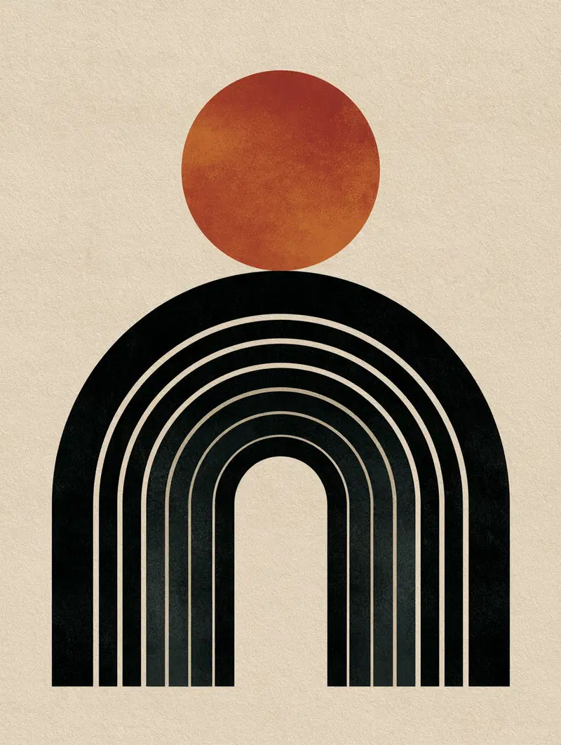 Minimalist abstract art with arches and a sun in warm tones