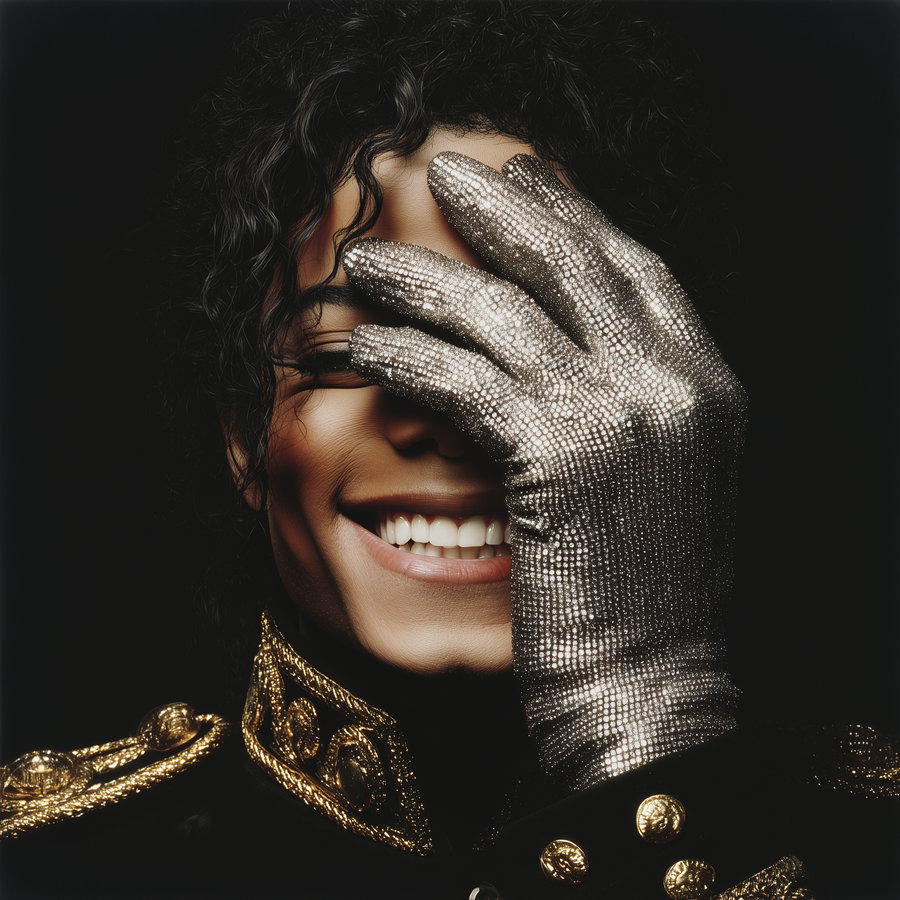 A close-up portrait showing curly hair, a smiling face, and one hand with a shiny sequined glove covering one eye, wearing a jacket with gold details on black fabric