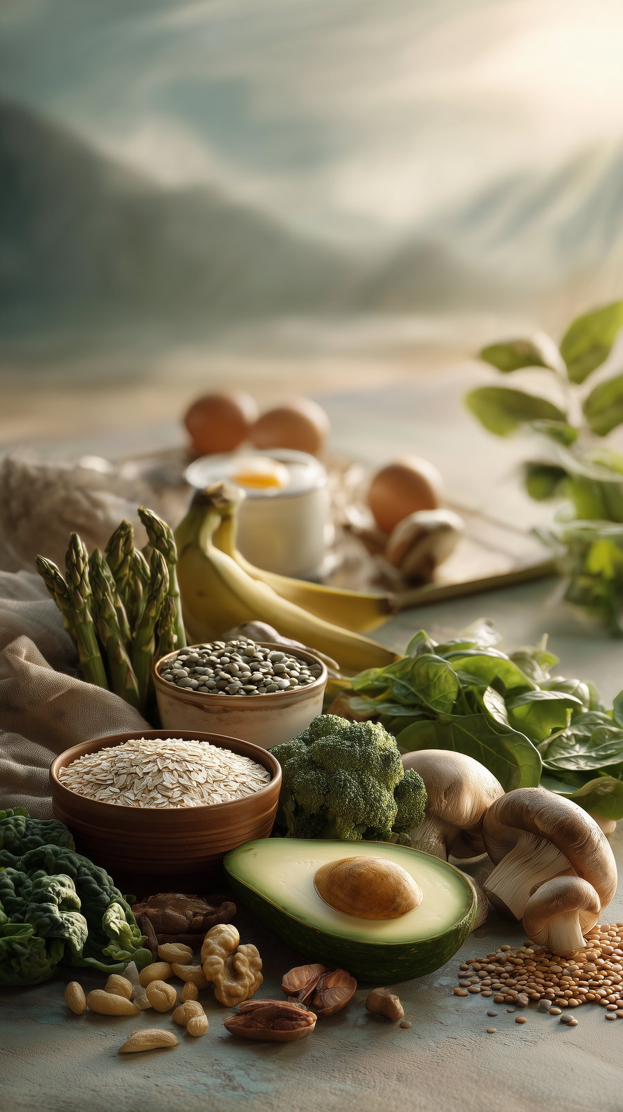 A still life photograph of various fresh foods such as avocado, broccoli, mushrooms, bananas, eggs, oats, nuts, asparagus, and leafy greens arranged on a textured surface with soft lighting.