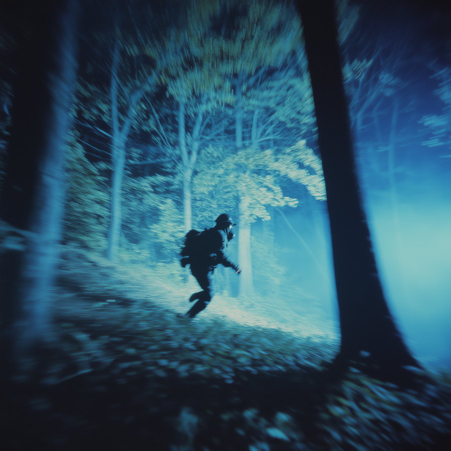 Silhouette of a person running through a forest at night with blue fog and blurred motion effect