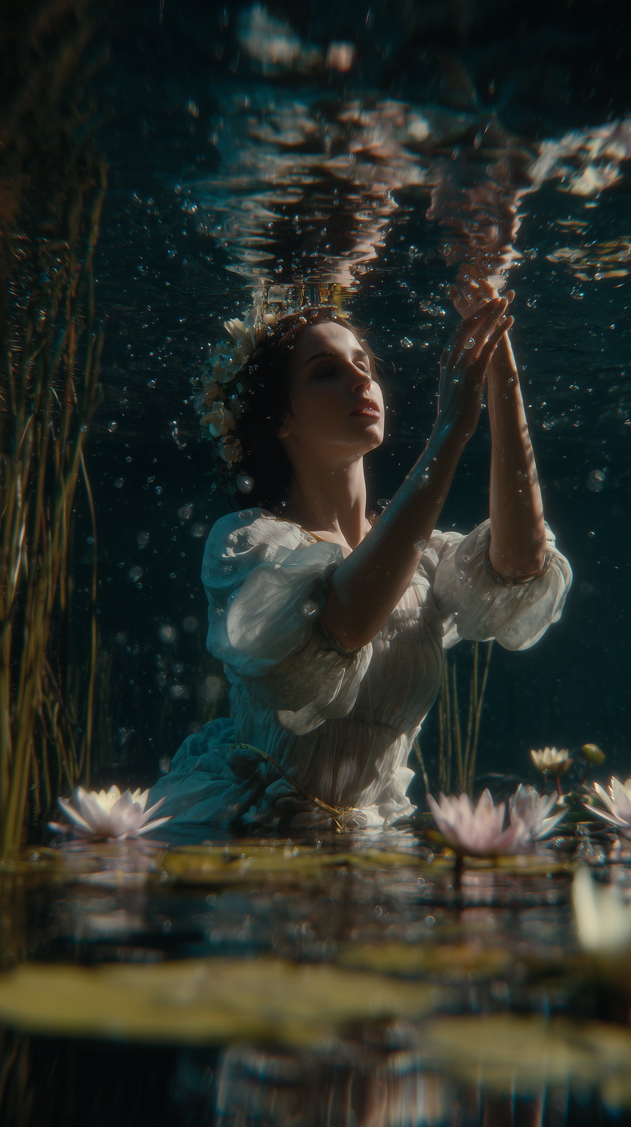 A woman wearing a white vintage dress and a floral crown is underwater surrounded by water lilies and lily pads, with her eyes closed and hands raised.
