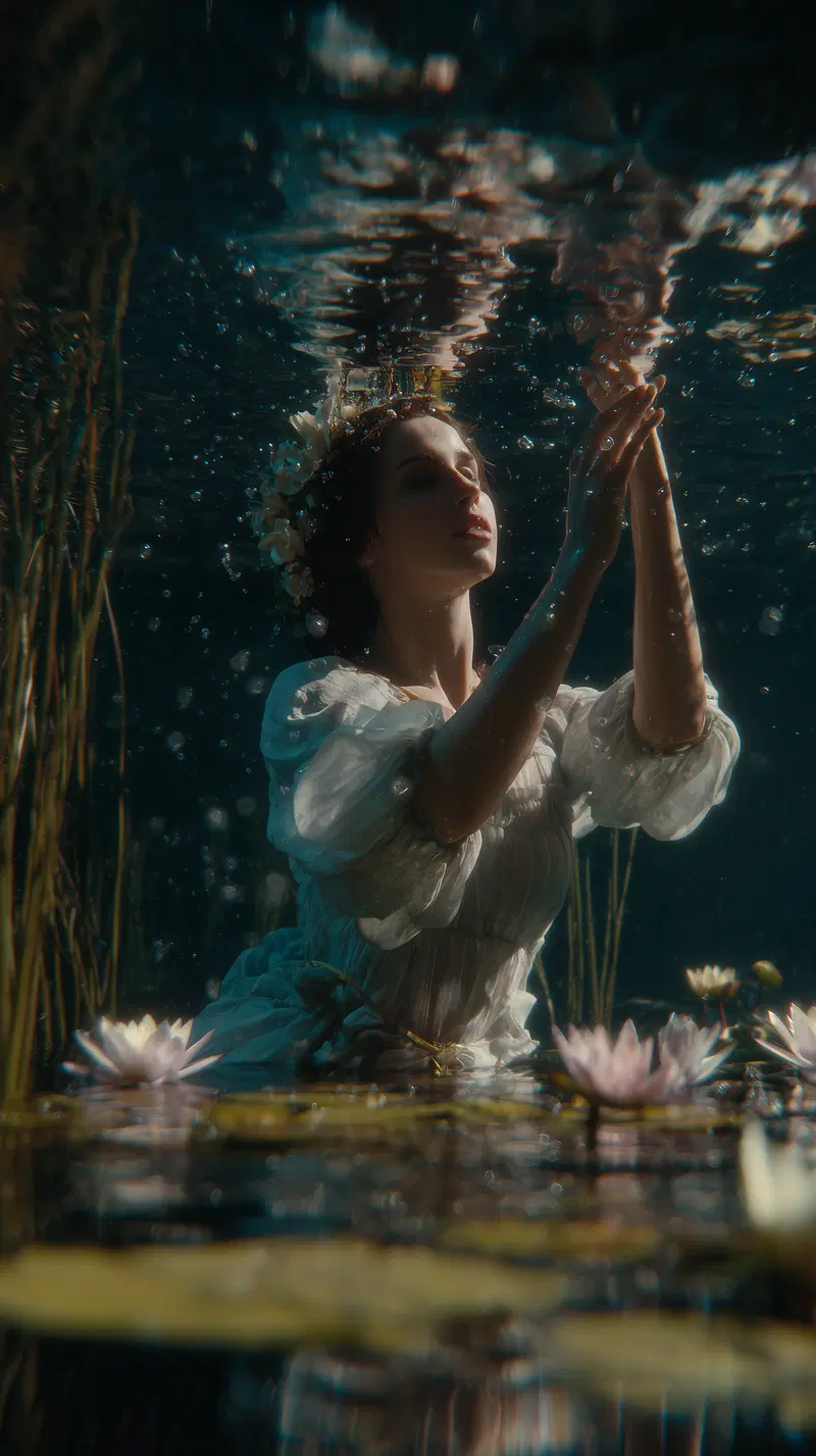 Underwater portrait of a woman in vintage dress with floral crown and water lilies