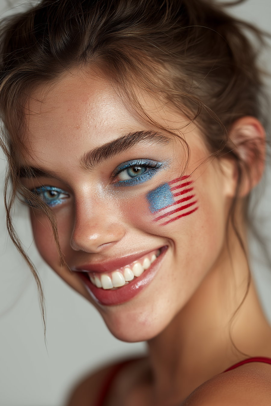 A close-up portrait of a young smiling woman with blue eyeshadow and red and blue face paint on her cheek resembling a flag.
