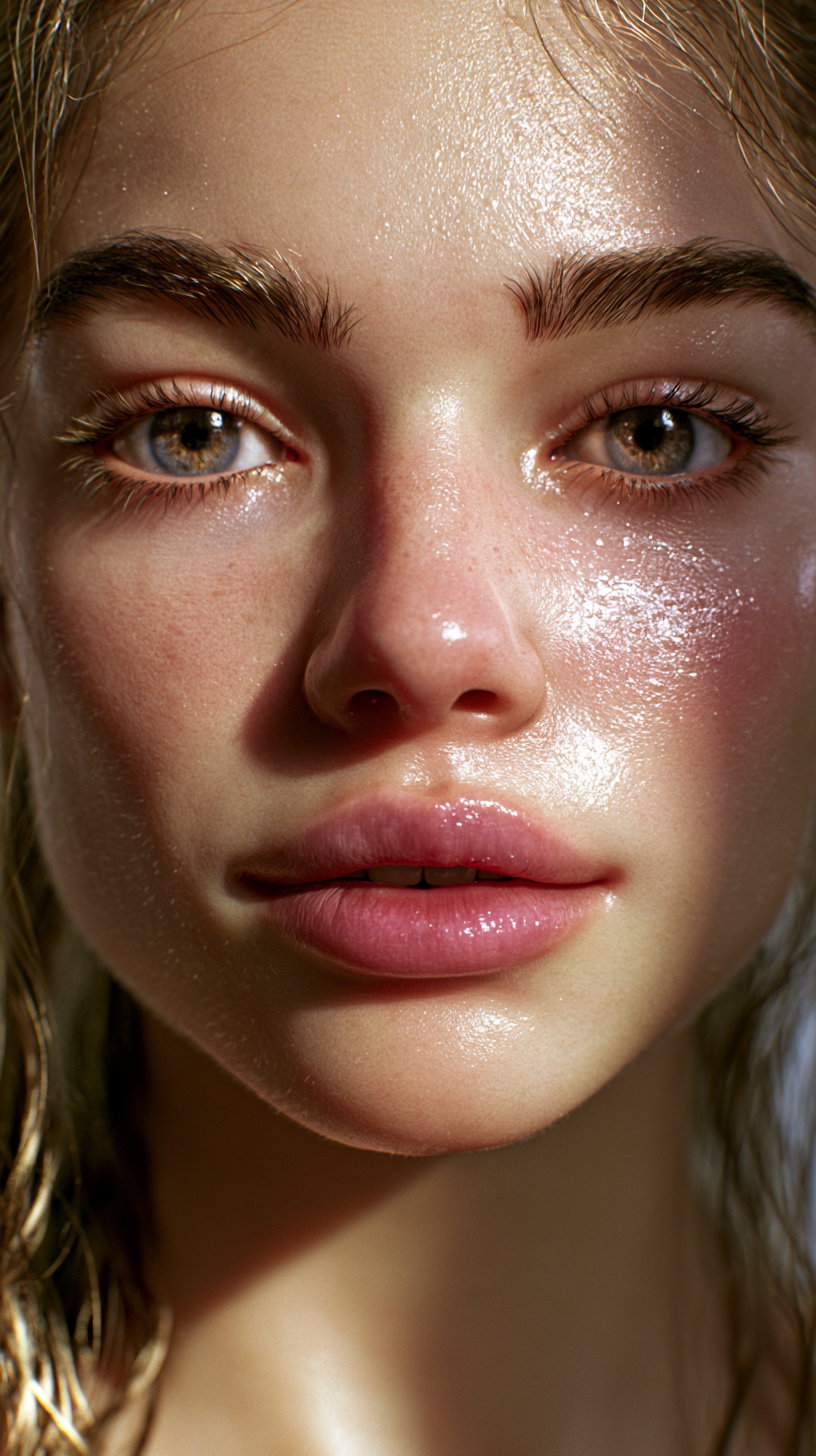 Close-up image of a young person's face with wet glistening skin, detailed eyes, eyebrows, and lips, with strands of wet hair visible.