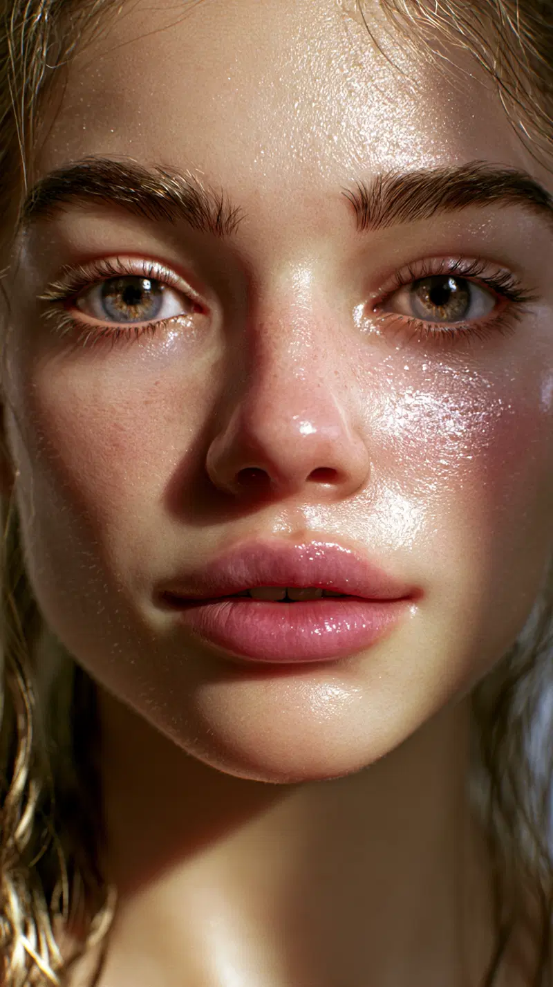 Close-up portrait showcasing glistening skin and natural beauty details