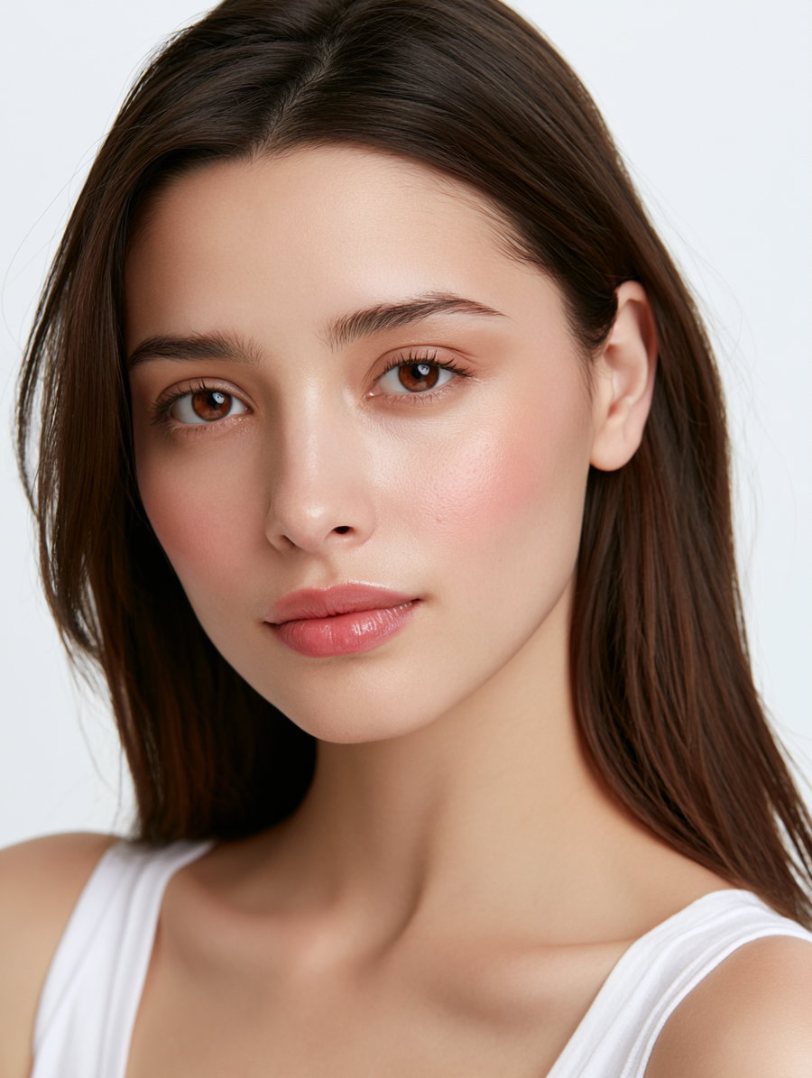 A close-up image of a young woman with brown eyes and long brown hair wearing a white sleeveless top, looking directly at the camera against a plain white background.
