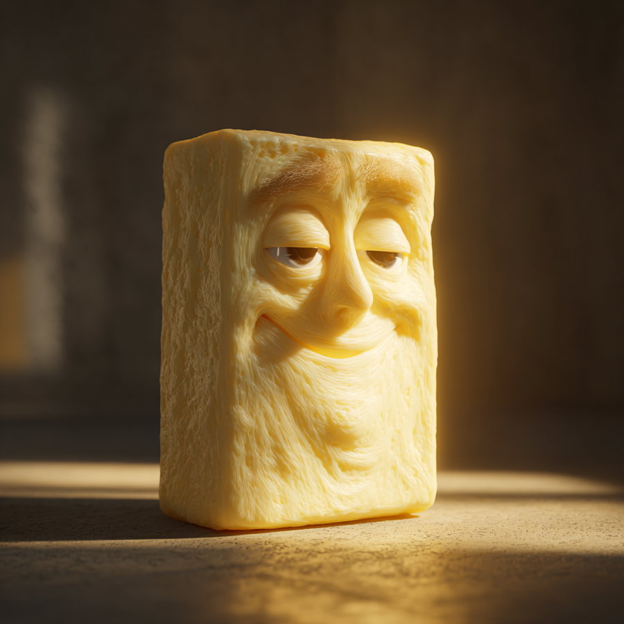 A smooth, cream-colored rectangular block with detailed human facial features including eyes, nose, and a subtle smile, set against a softly lit, textured background.