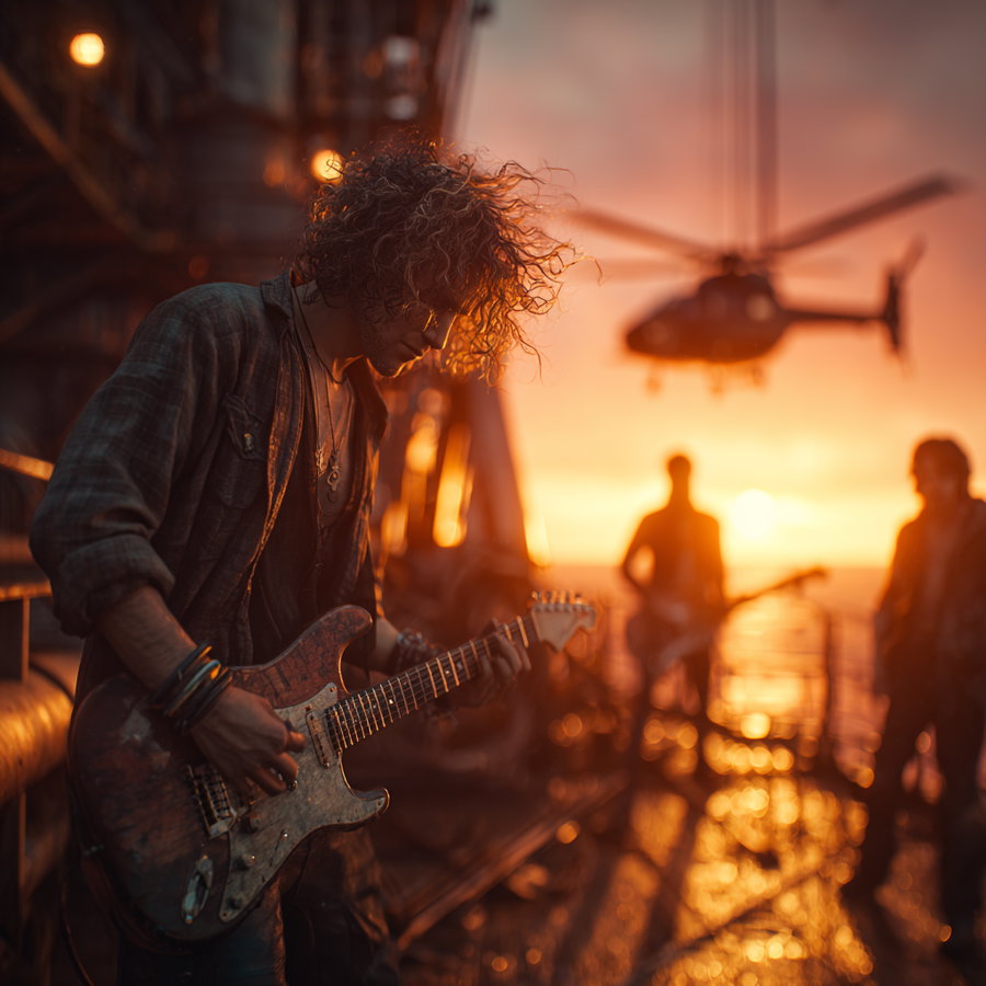 A musician with curly hair playing electric guitar on an outdoor ship deck at sunset, with two blurred figures and a helicopter in the background