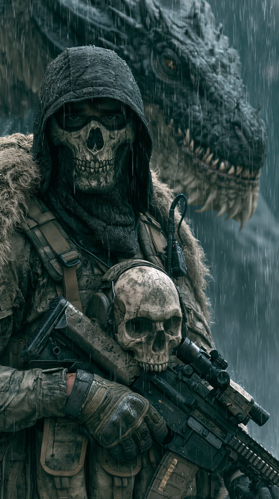 A rain-soaked soldier wearing a skull mask and tactical gear holds a rifle with a mounted skull, with a large dinosaur looming in the rainy background.