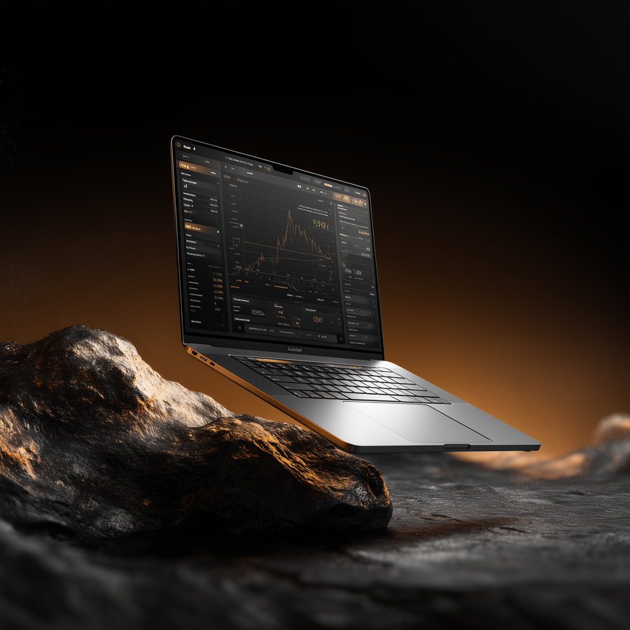 A modern laptop computer displaying financial trading charts and data, floating above rugged rocks with dramatic dark and orange lighting.