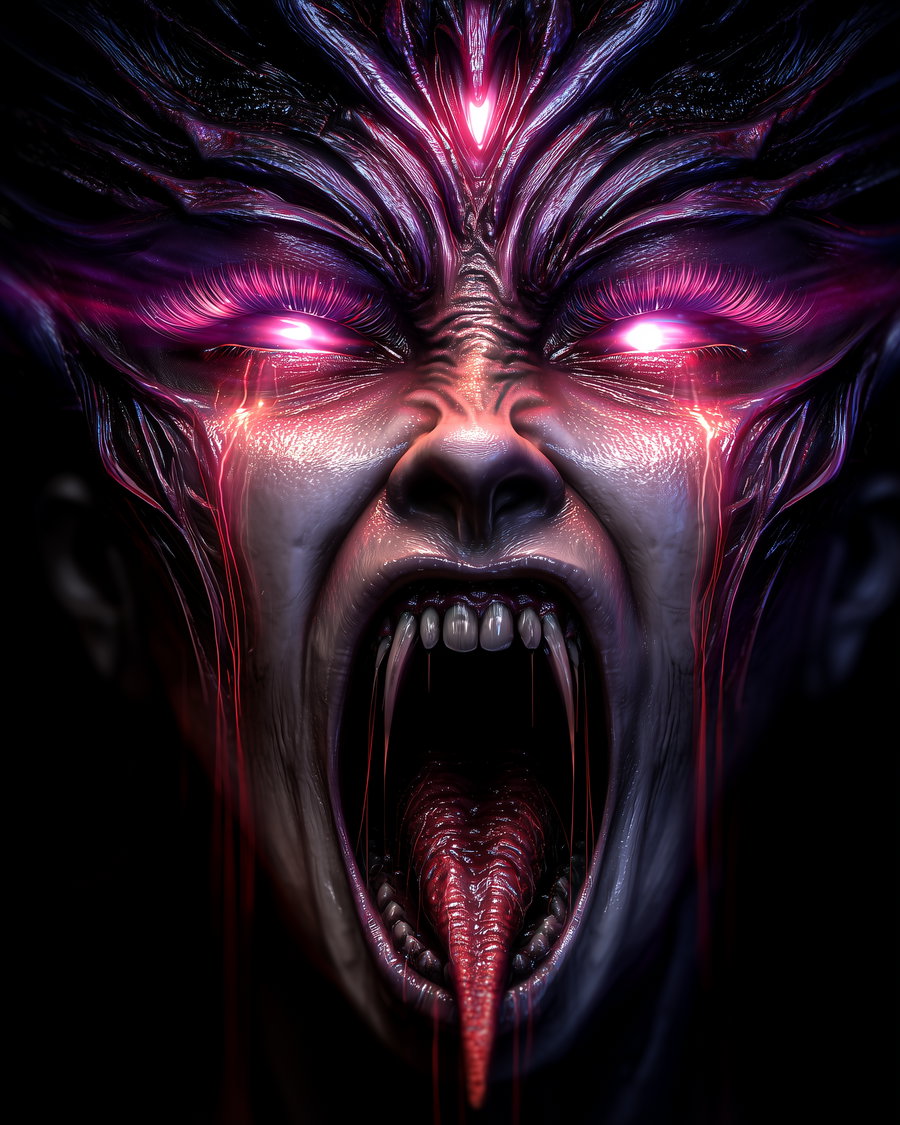 A close-up of a surreal, dark monstrous face with glowing pink eyes, exaggerated long fangs, and a textured, alien-like skin with intense shadows and red glowing veins.