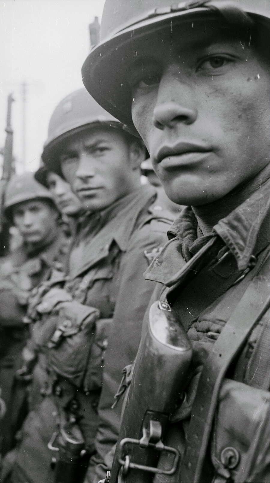 Black and white close-up image showing a line of soldiers wearing military helmets and uniforms, some with visible rifles.