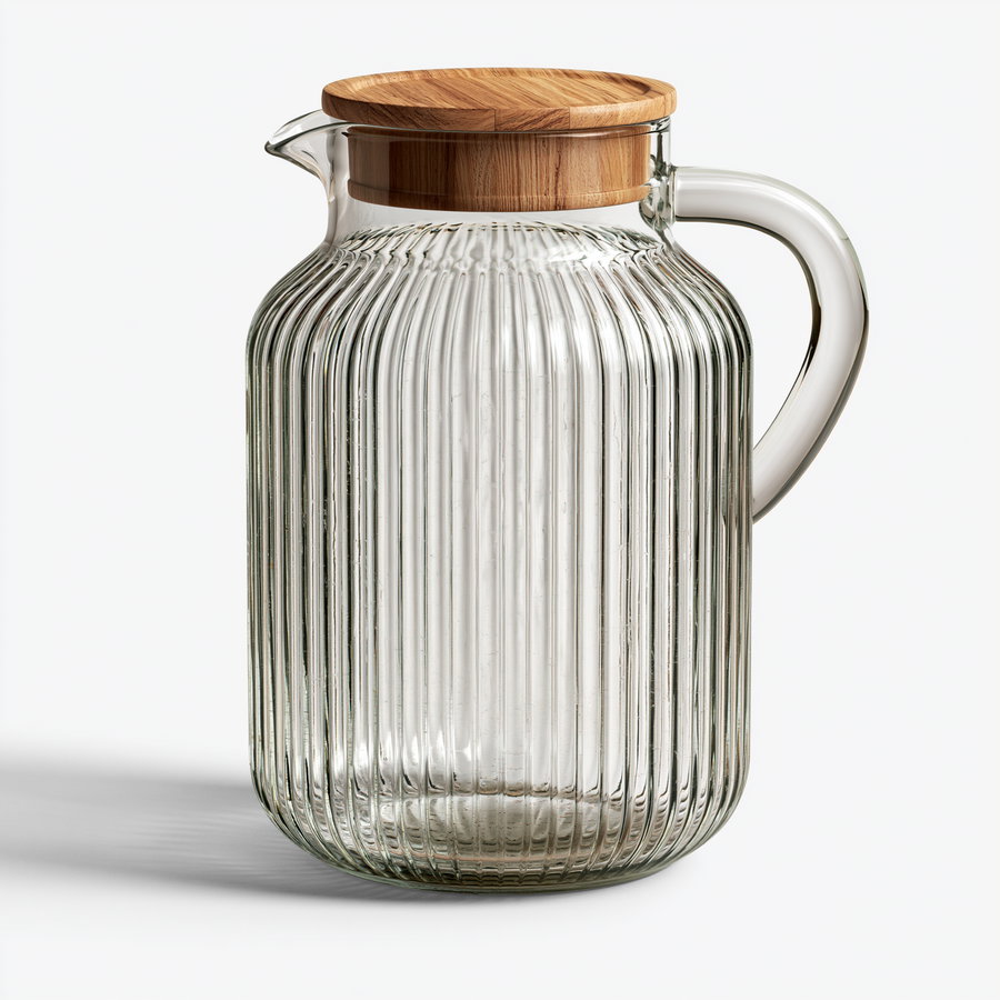 Clear ribbed glass pitcher with a wooden lid and handle on a white background