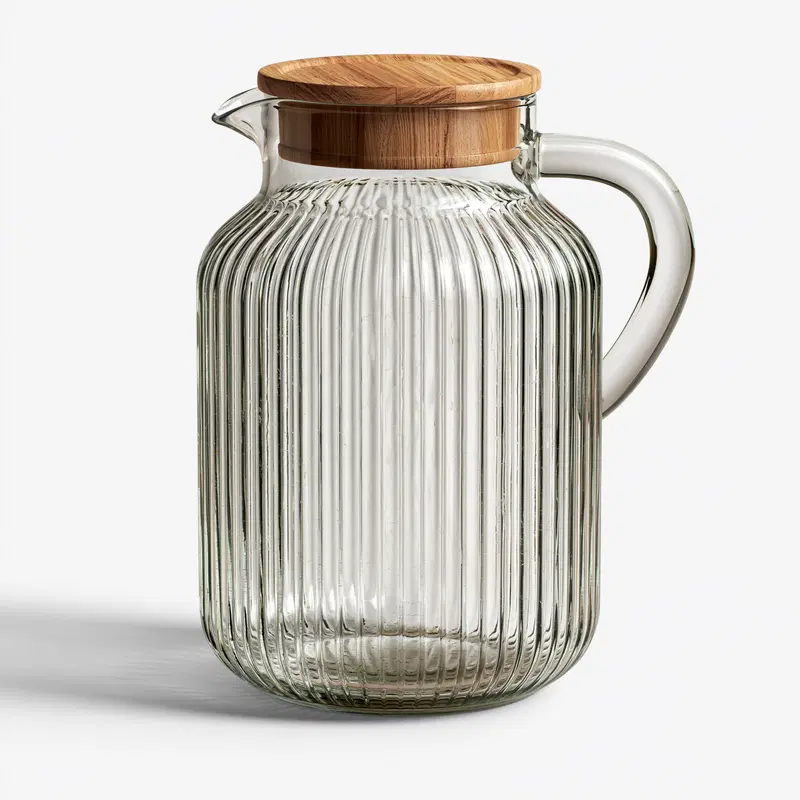 Elegant ribbed glass pitcher with wooden lid perfect for kitchen decor