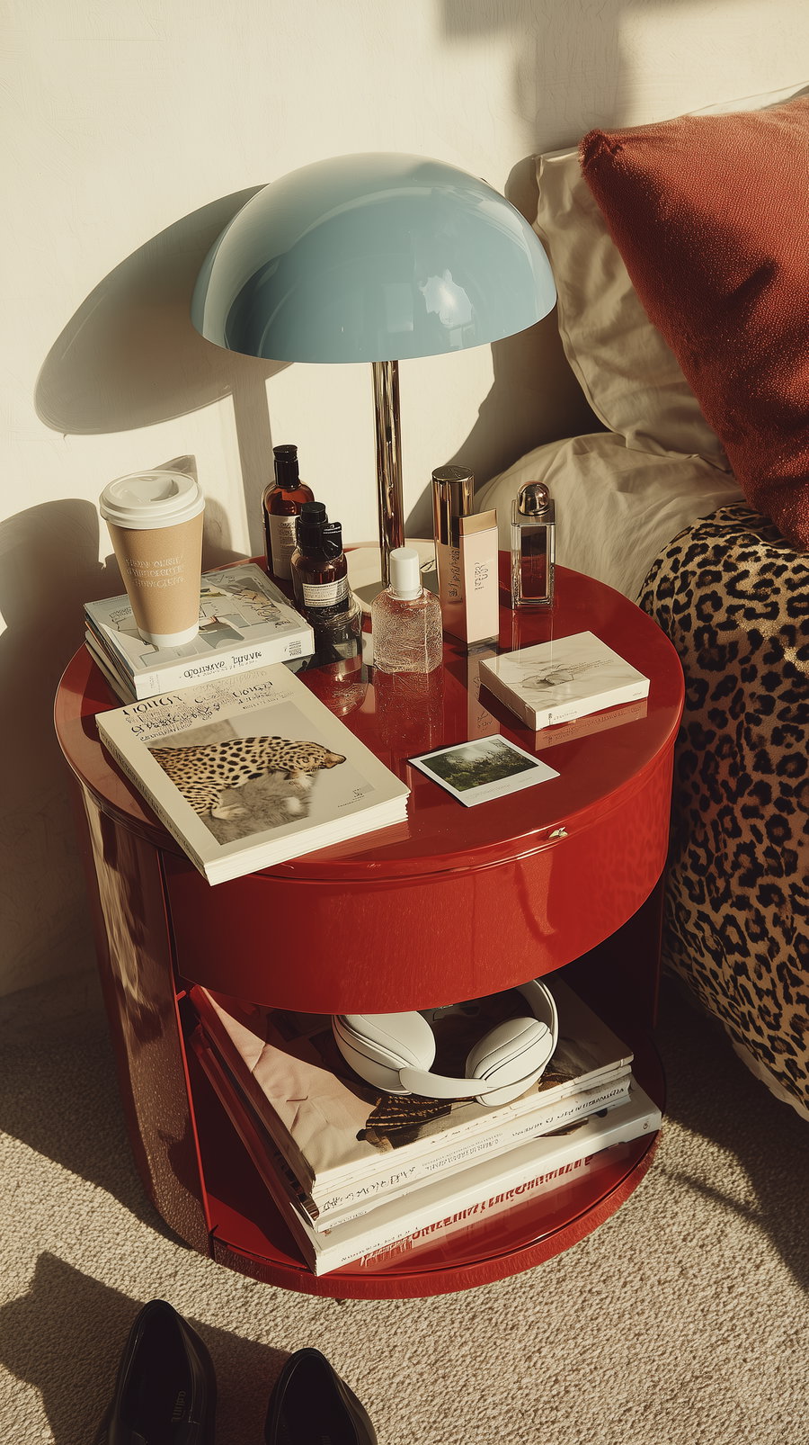Red glossy round side table with a blue dome lamp, several bottles, perfumes, books with animal cover art, white headphones, and a leopard print cushion on a beige sofa