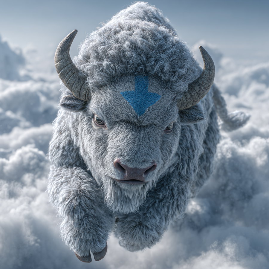 Close-up image of a white buffalo with curly fur and a blue arrow painted on its forehead, standing on snowy or cloudy surface