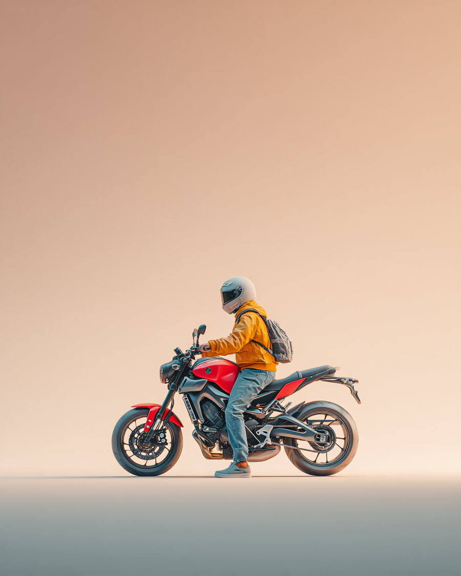 Person wearing white helmet and orange jacket with backpack sitting on a modern red and black motorcycle against a plain beige background