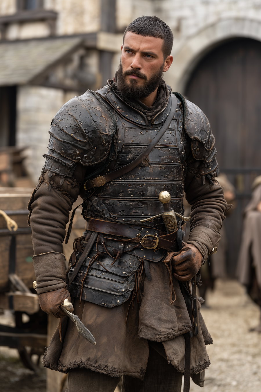 A man with a beard dressed in worn medieval European armor and brown clothing stands outdoors holding a knife and wearing a sword at his belt